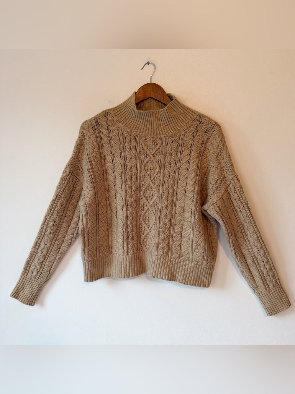 Banana Republic Tan Cable Knit Mock Turtleneck Fisherman Sweater, size Medium - Picture 6 of 16